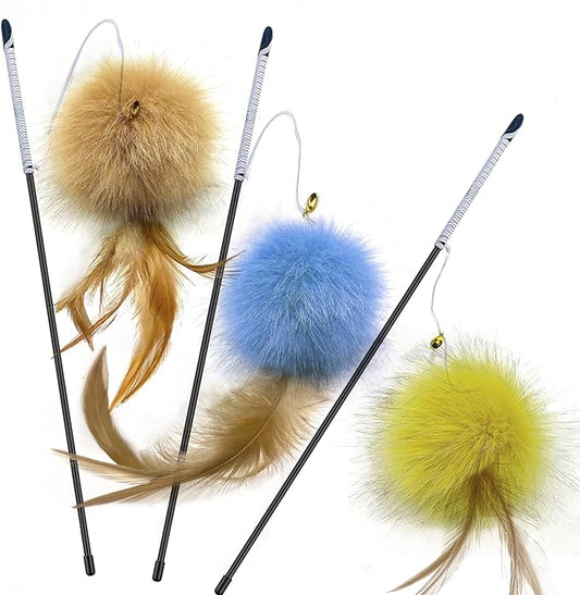Cat Toys - Rainbow Wand, Feather Flips Plush Ball, Interactive Feather Teaser for Kitten Exercise - 3 Pack by AZOFFYIU