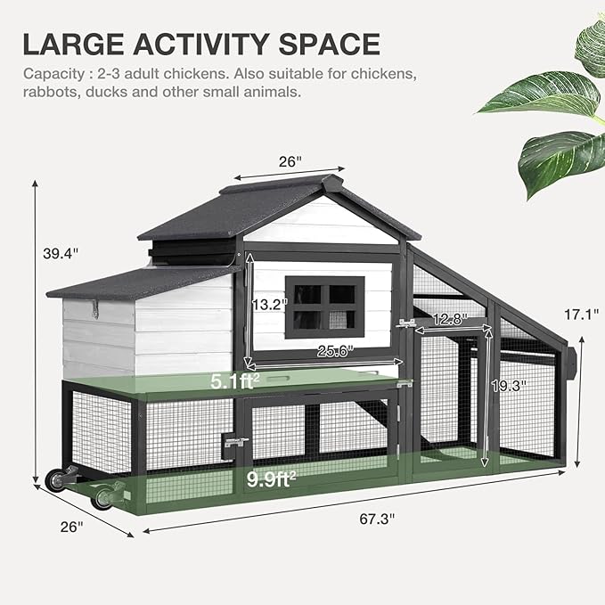 Wooden Chicken Coop with Run, Mobile Chicken House with Wheels, Outdoor Hen Poultry Cage with Leak-Proof Tray and Nesting Box, Lager Chicken Coops with UV-Resistant Roof for 2-3 Chickens (White)