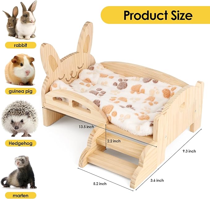 HOSUKKO Wooden Guinea Pig Bed with Mat 13.5IN X 9.3IN Detachable Hideout with Stairs Small Animal Cute Warm Habitats for Hamsters Ferret Bunny Sleeping Hiding