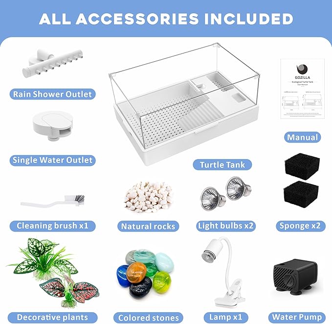 GOZILLA Large Turtle Tank Kit+Water Pump, Acrylic Turtle Tank Starter Kit with Adjustable 5W Water Pump and Two Shower Heads, Multi-Functional Area for Small/Medium Turtles(Large-White Kit)