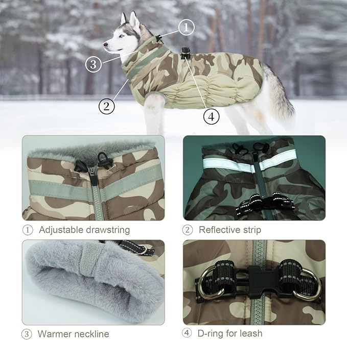 Lelepet Warm Dog Winter Coat Dog Coats for Large Dogs Waterproof Dogs Jacket with Harness Built in Reflective Cold Weather Coats Windproof Zip-Up Winter Fleece Vest Snowsuit Boxer Desert Camo XL