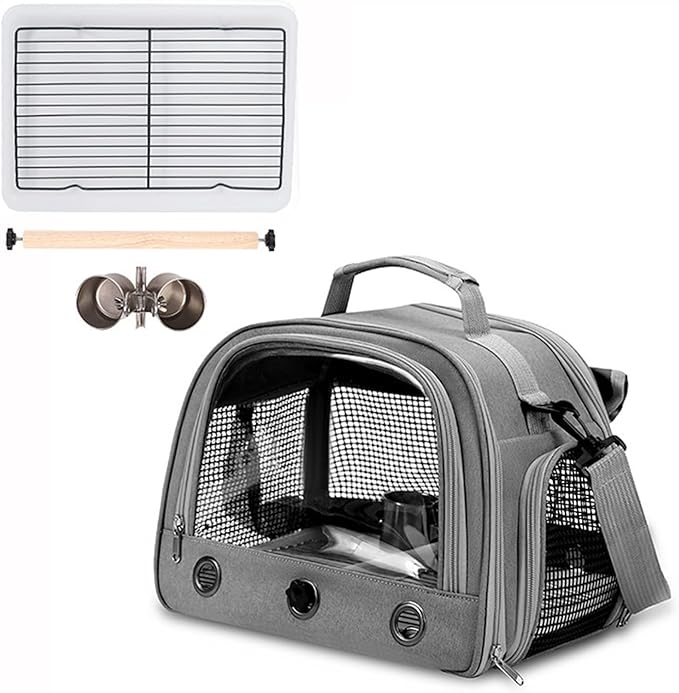 Parrot Carrier Parrot Travel Cage Panoramic View Breathable with Perch Removable Tray Food Cup Standing Net for Conures Parakeet Budgie (Grey)