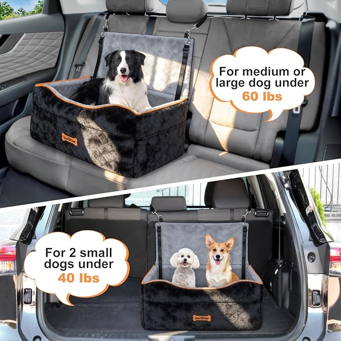 VavoPaw Dog Car Seat for Medium Dog, Dogs Booster Seat Under 50Lbs or 2 Small Dogs Washable, Pet Car Seats with 2 Safety Leashes, Pets Sofa Bed Cushion Add Thick Sponge, Pet Cars Carrier for Travel