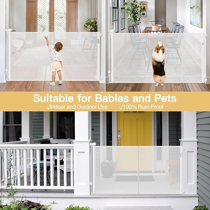 Reinforced 42" Extra Tall Retractable Baby Gates Tall Dog Gate with Support Rods, 55" Wide Mesh Gate Retractable Pet Gate Indoor/Outdoor Baby Gates for Dogs - Bottom Anti-Escape, White