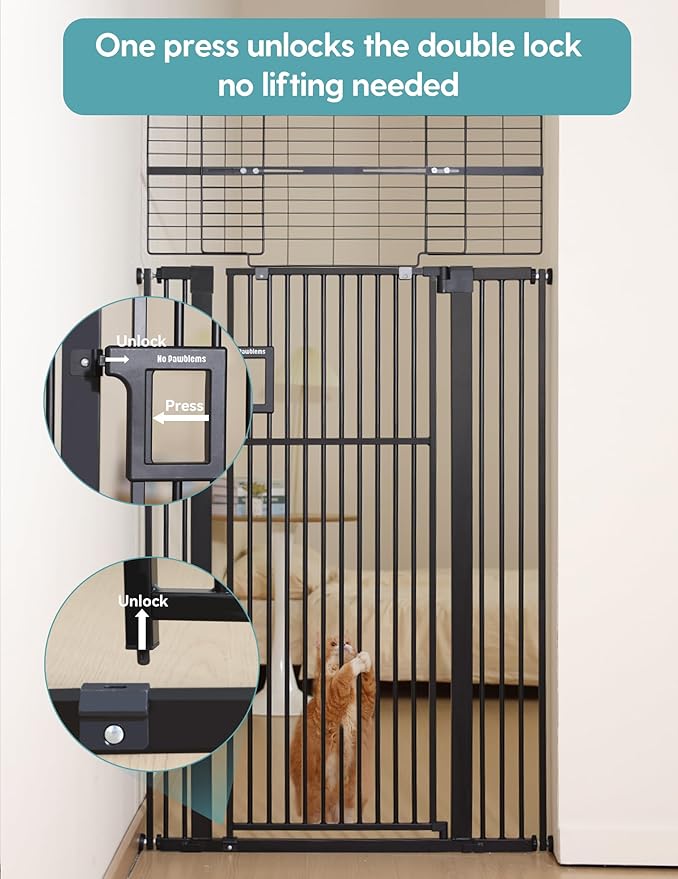 No Pawblems 71" Extra Tall Pet Gate for Cat, 29-43" Auto Close Cat Gate for Doorways/Stairs/Hallways, NO Drilling Pressure Mounted Tall Dog Gate Indoor, 1.37" Pet-Safe Gap, Black