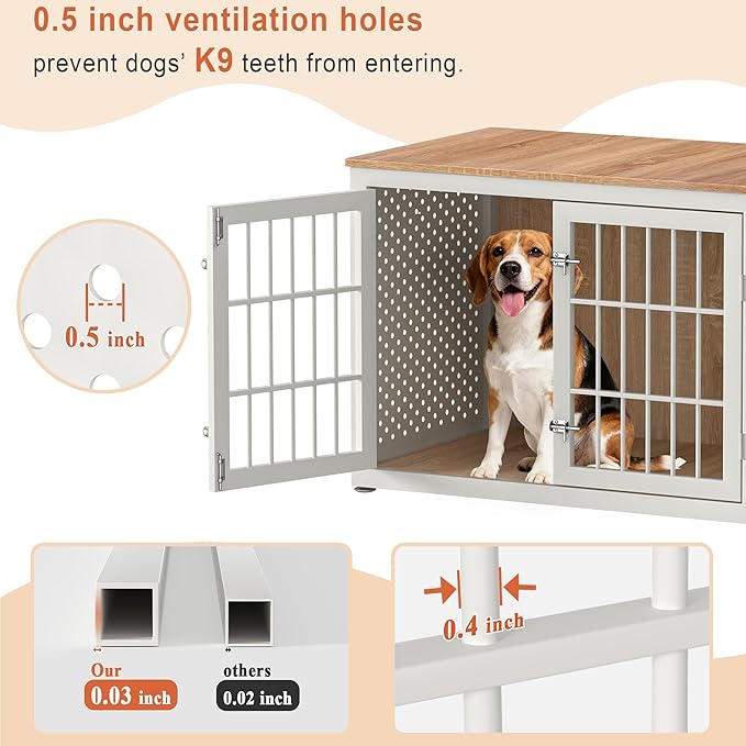 rehomerance 38" Heavy Duty Dog Crate Furniture for Large and Medium Dogs,Wooden Metal Kennel for High Anxiety Dogs, Chew Proof Pet Cage Indoor, Decorative Dog Kennel End Table, White