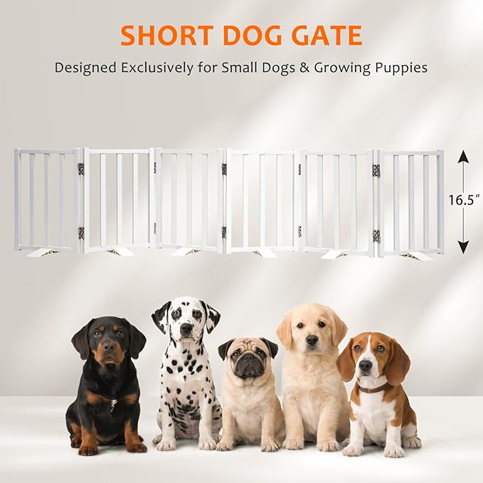 Snagle Paw Short Dog Gate,16.5" Tall Freestanding Metal Dog Gate Only for Small Dogs with Support Feet Easily Step Over,Up to 72" Wide Puppy Gate Indoor for Stairs,Doorways(White,6 Panel)