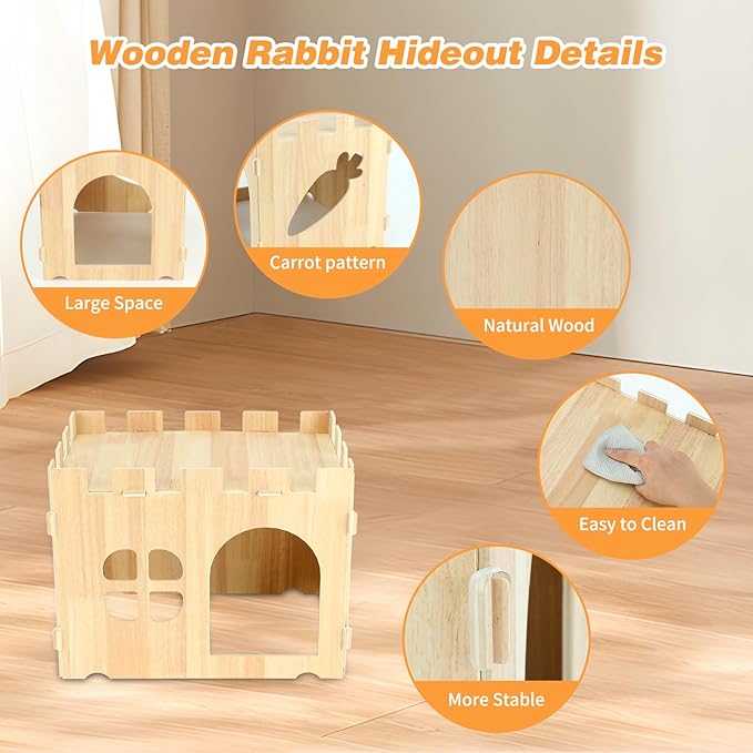 BWOGUE Large Wooden Rabbit House and Hideouts Bunny Castle Detachable Small Animal Play Hideaway Rabbit Hideout Cage Accessories for Indoor Adult Rabbit Guinea Pig Chinchilla Habitat