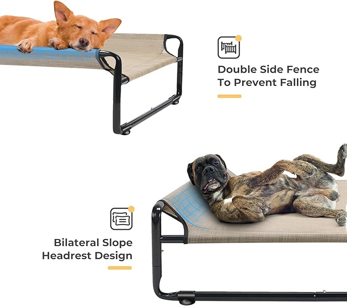 Veehoo 35" Medium Raised Dog Bed, Washable Dog Cot with Headrest Sides, Outdoor Elevated Dog Bed with Non-Skid Feet, Breathable Mesh, Portable Pet Hammock for Indoor or Camping, Beige