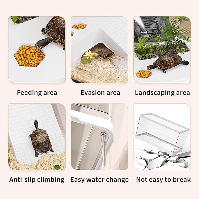 Turtle Fish Tank with Basking Platform and Bottom Drainage, 20" x 9.5" x 9.5" Aquatic Turtle Tank for Juvenile Turtle, Crayfish, Crabs, Amphibians, Reptiles, PC Material, White Color