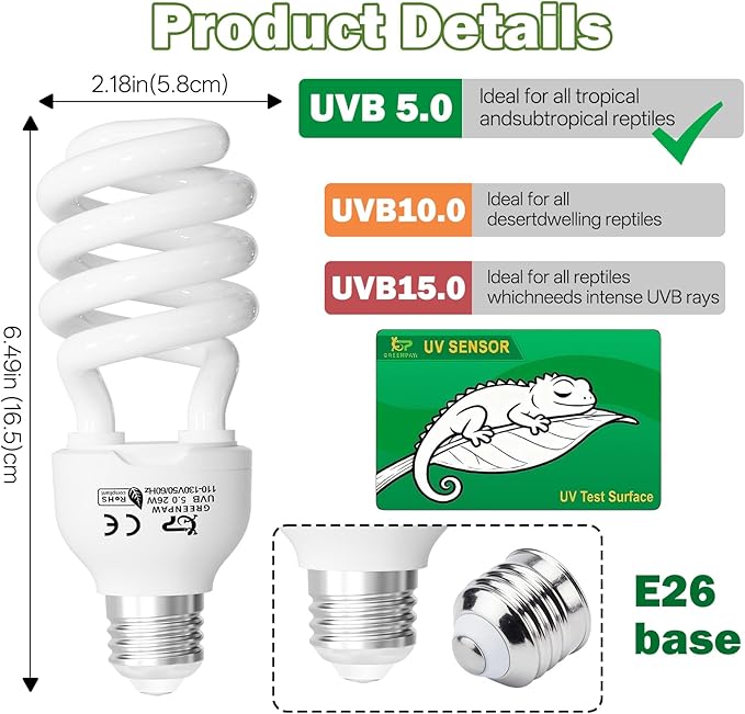 UVB Reptile Light 5.0: 26W Tropical & Subtropical UVA UVB Reptile Light Bulb, UVB Light for Reptiles Compact Fluorescent Terrarium Lamp,UVB Bulb for Chameleon Turtle Gecko Include UV Sensor Card