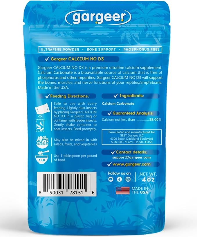 Gargeer 4oz All Reptile Calcium Powder, Phosphorus-Free Ultrafine Powder, Pure Dust Without Vitamin D3, Ready to Use for All Reptiles, Lizards & Amphibians Supplement. Made in the USA. Enjoy !