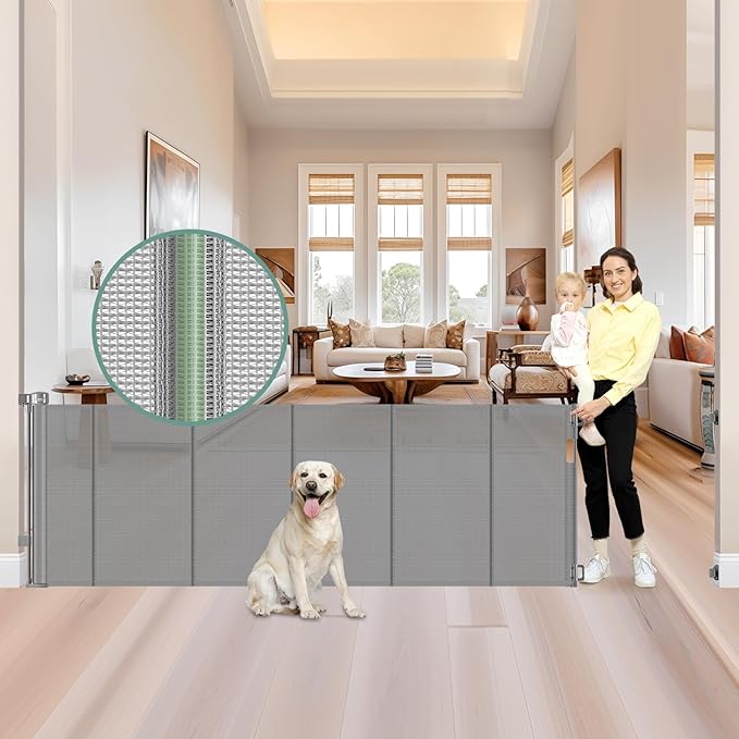 Reinforced 159 Inch Extra Wide Retractable Dog Gate with Support Rods, Indoor/Outdoor Retractable Gate, Prevent Babies and Dogs from Crawling Through Mesh Baby Gates for Doorways Extra Wide, Gray