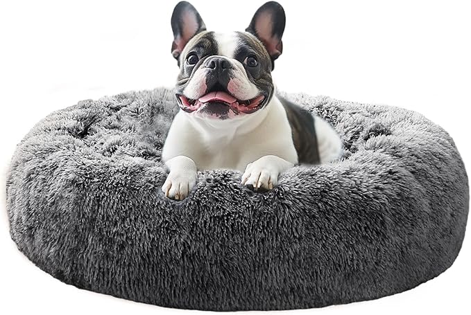 JOLLYVOGUE Calming Dog Bed Medium Size Dog, 31in Donut Washable Medium Pet Bed, Anti-Slip & Anti-Anxiety Fluffy Faux Fur Round Dogs Bed, Fits up to 45 lbs Pets (Smoke Black)