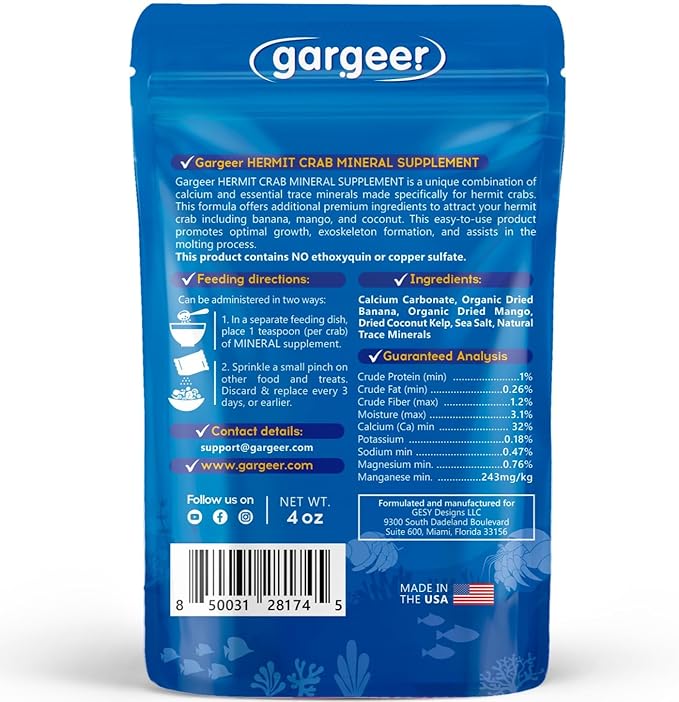 Gargeer 4oz Hermit Crab Mineral Supplement. Using Premium Ingredients ONLY, You Will Now Promote Optimal Growth, Exoskeleton Formation, and Support The Molting Process. Enjoy!