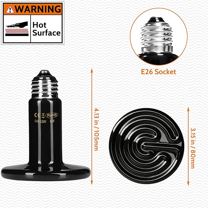 75W Ceramic Heat Emitter - No Light Reptile Heat Lamp for Lizards, Amphibians, Chickens, Dogs, Cats - Ideal for Aquariums and Pet Brooder Coop Heating - Black