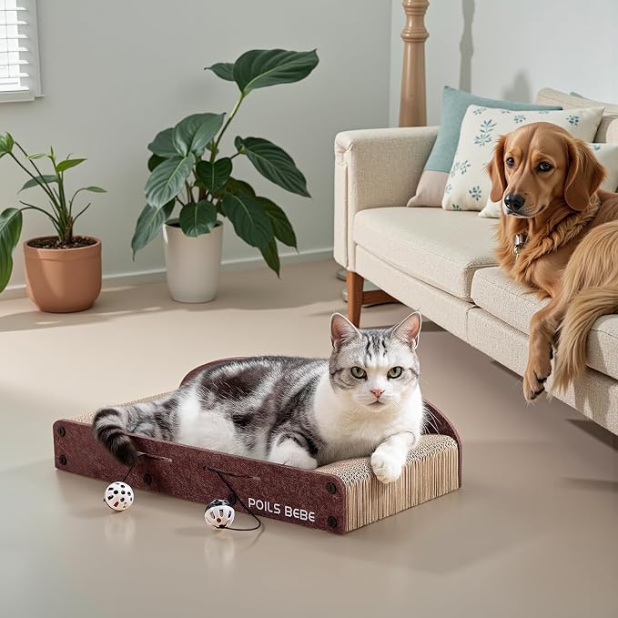Poils Bebe 26 Inch Sofa Cat Scratcher, Small Cat Scratcher Cardboard with Bell Balls, Durable Couch Lounger for Indoor Cats, Cat Scratch Furniture Protector with Catnip, Cat Toys - Image 7
