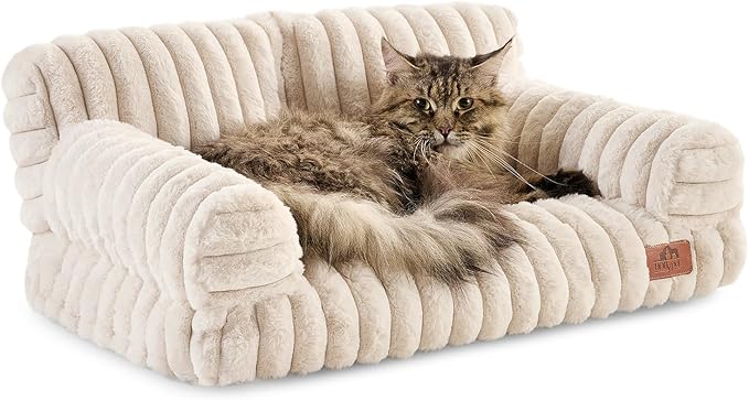 Hollypet Fluffy Dog Cat Bed Pet Couch Beds Plush Soft Warming Washable Puppy Bed for Small Medium Dogs and Large Cats, Cream, 24" L x 18" W x 10" Th