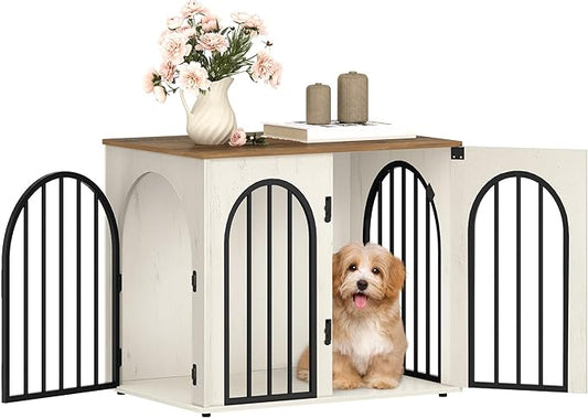 Hzuaneri 26.8'' Wooden Dog Crate Furniture, Indoor Dog Kennel Dogs Cage for Small Dogs, Heavy Duty Dog Crates Decorative Pet House End Side Table TV Stand, White Brown DFC85514B