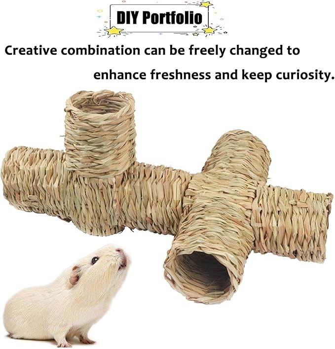 PINVNBY Hamster Grass Tunnel Toy Nature's Hideaway Guinea Pig Tunnels and Tubes Straw Tunnel House with 4 Entrances for Chinchillas Hedgehogs Rats Gerbils (4 PCS)