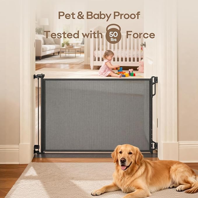 SPACEANY Retractable Safety Baby Gate or Mesh Dog Gate,Durable Portable Mesh Retractable Gate,Easy to Use for Stairs, Doorways, Hallways, Indoor, Outdoor, 33.5" Tall, Up to 55" Wide, Black