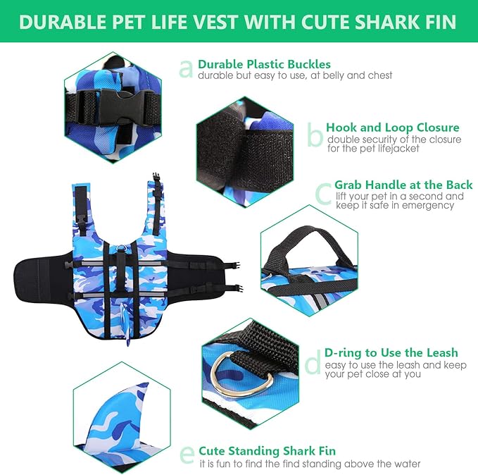 Queenmore Dog Life Jacket Pet Safety Vest High Buoyancy Camouflage Color Cute Shark with Strong Rescue Handle and Leash Ring for Boating, Canoeing, Surfing, Hunting, Blue S