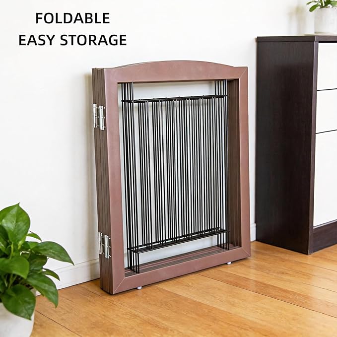 ZJSF Freestanding Foldable Dog Gate for House Extra Wide Wooden Brown Puppy Gate Stairs Dog Gates Doorways Tall Pet Gate 24 "Height 6 Panels Pet Fence