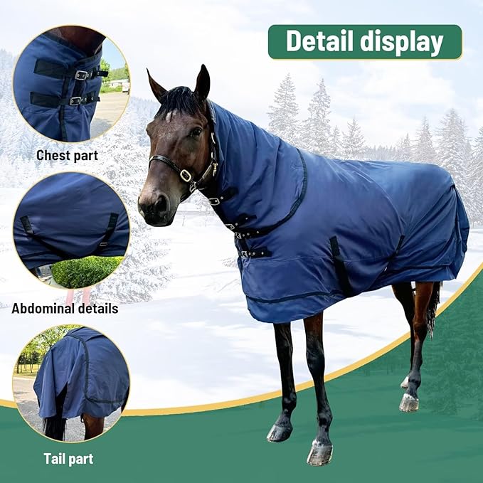 Horse Blanket Winter Waterproof Horse Turnout Blanket 1200D Ripstop Horse Sheet Medium Weight Horse Blanket with Detachable Neck Cover,Size 81 Navy Blue