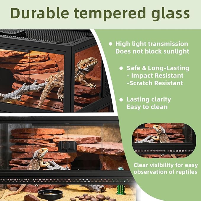 XIGETRAIL Tempered Glass Bearded Dragon Tank, 22" x 14" x 12" Reptile Enclosure with Sliding Door and Top Screen Ventilation,Reptile Tank for Lizard,Gecko,Chameleon