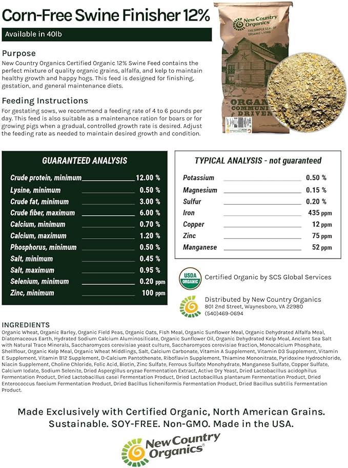New Country Organics | Swine 12% Protein Feed for Gestating Sows and General Maintenance of Adult and Finishing Hogs | Corn-Free and Soy-Free | Certified Organic and Non-GMO | 40 lbs