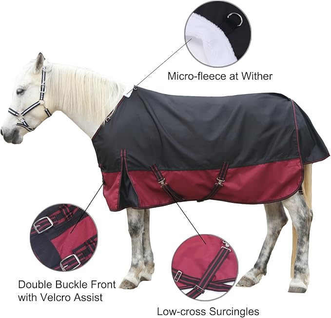1200D Ripstop Waterproof Breathable Horse Blanket (0g No Fill), Lightweight Turnout Rain Sheet, Keeps Dry in Mud & Wet Weather Blackwine 84"