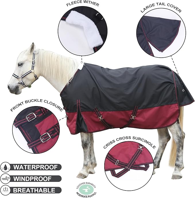 1200D Ripstop Waterproof Breathable Horse Blanket (200g Fill), Medium Weight Warm Winter Turnout, Thermal Protection for Cold & Snow Blackwine 78"