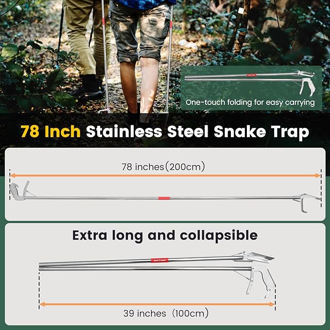 78 Inch Folding Snake Grabber Tool Extra Long Snake Tongs for Extra Safety Snake Grabber is Made of Stainless Steel for Corrosion Resistance High Load Capacity Easy to Clean and Maintain