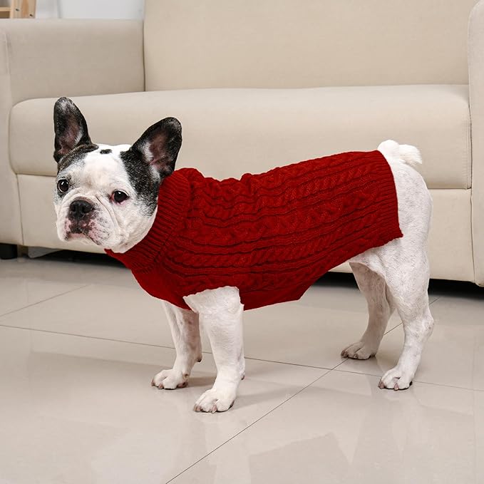 2 Pack Dog Sweaters for Medium Dogs Winter Turtleneck Pullover Cable Knit Fleece Stretch Frenchie Dachshund Pug Corgi Beagle Boy Girl Pet Clothes (L, Red & Brown)