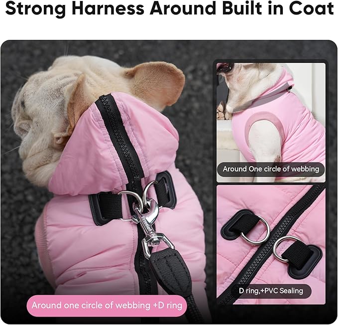 Vecomfy Fleece Lining Dog Hoodie with Harness Built in,Extra Warm Medium Dog Jacket in Winter Doggie Coats with Hooded,Light Pink XL