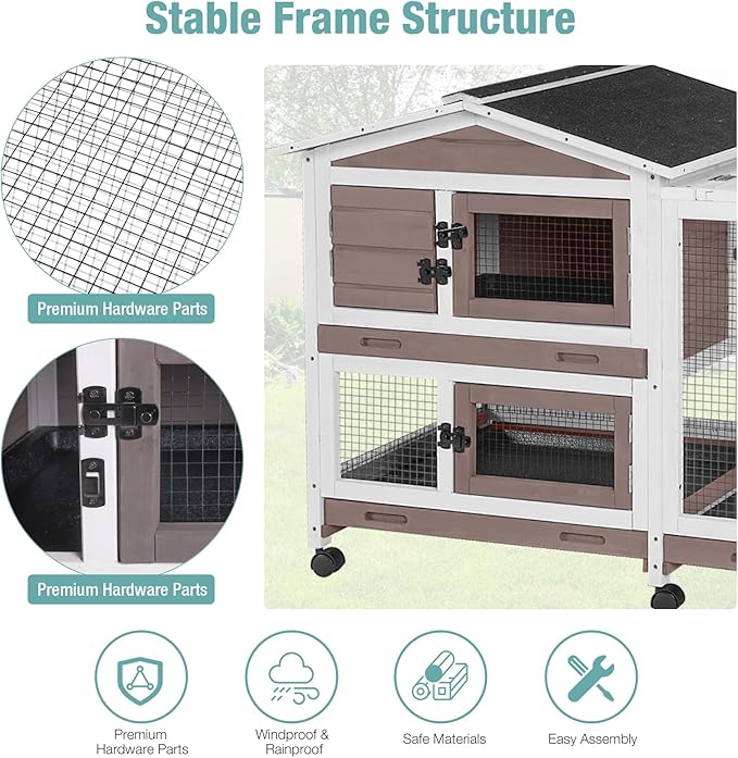 Suumerpety Rabbit Cage,Indoor Rabbit Hutch with Matel Frame and Pull Out Tray,Bunny Hutch Chicken Coop with Run (Brown)