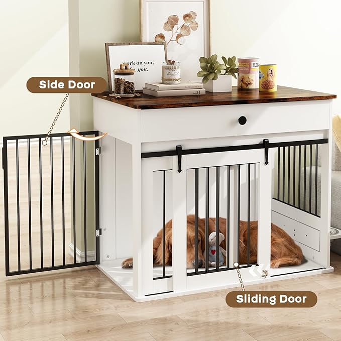 Large Dog Crate Furniture with Sliding Door & 360° Spinning Bowls | Durable Modern End Table for Medium & Large Dogs for Pet Owners (40-inch)