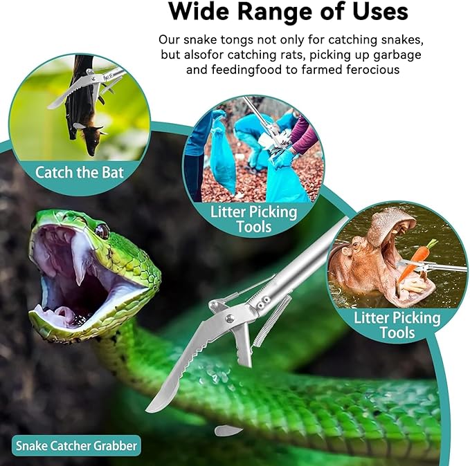 60“ Professional Collapsible Snake Grabber Tool, Stainless Steel Snake Catcher Pole with Heavy-Duty Grabber Heads, Tongs, and Hook Mechanisms for Safe Reptile Control in Gardens or Farms