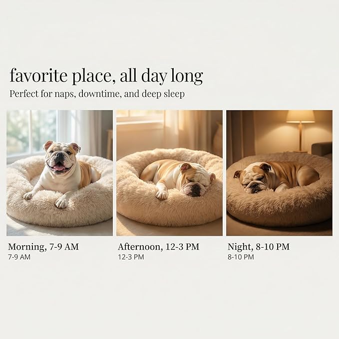 Calming Dog Bed for Medium Dogs Washable Donut 30 inches Anti-Slip Pet Bed,Round Fluffy Plush Faux Fur Cat Bed,Fits up to 45 lbs Pets,Beige