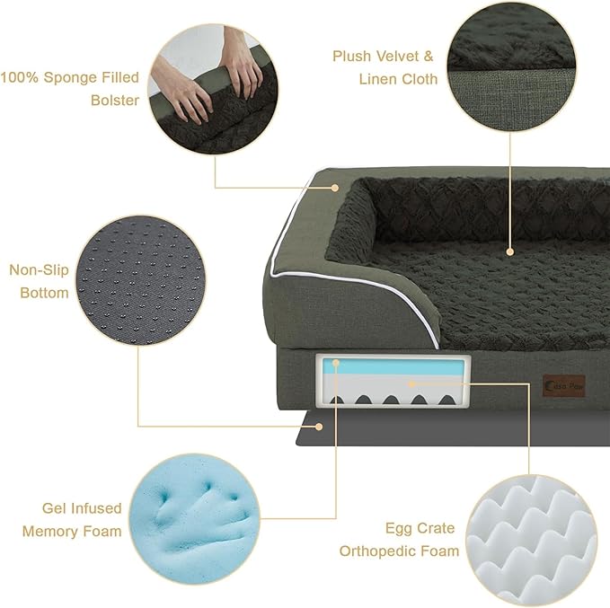 Orthopedic XL Dog Beds, Waterproof Memory Foam Big Pet Bed for Extra Large Sized Dogs 45x35Inch, Non-Slip Bottom and Egg-Crate Foam Dog Couch Bed with Washable Removable Cover, Dark Green
