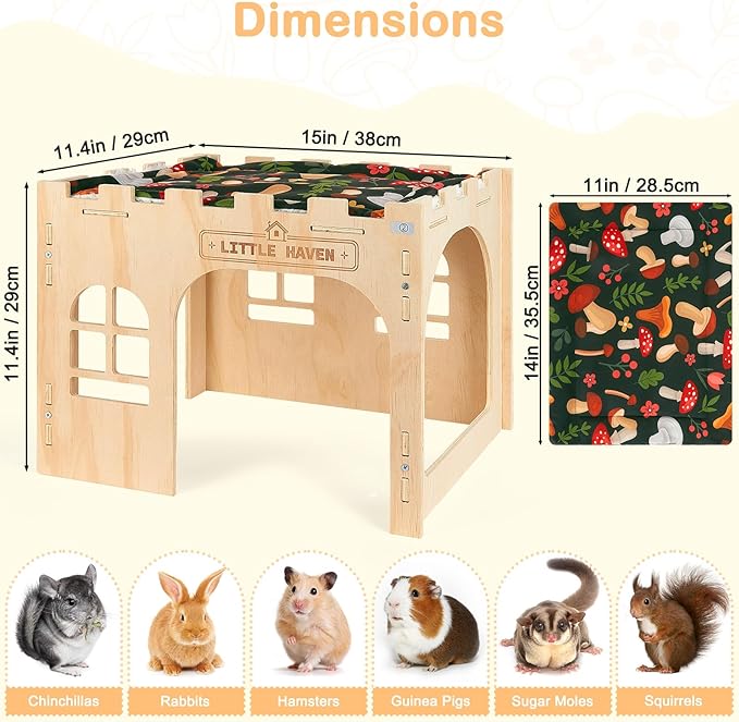 Glittme Wooden Rabbit Castle Hideout - Large Indoor Bunny House & Guinea Pig Hut with Roof Platform Bed Enrichment Cage Accessories for Chinchilla Ferret (Mat Included)