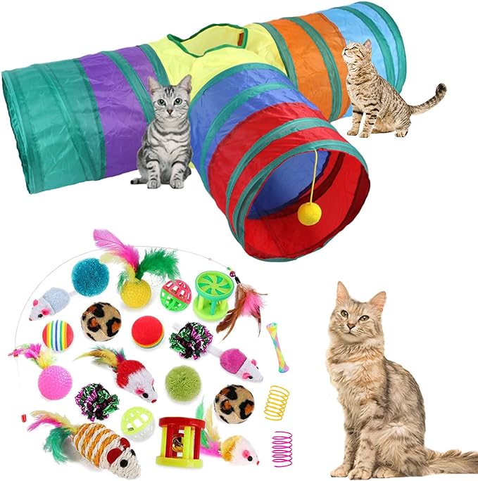 32Pcs Cat Toys Kitten Interactive Pet Toys Assortments, Foldable Rainbow Tunnel, Teaser Wand Fluffy Mouse Crinkle Balls Bell Play for Puppy Kitty (3 way) by ISMARTEN