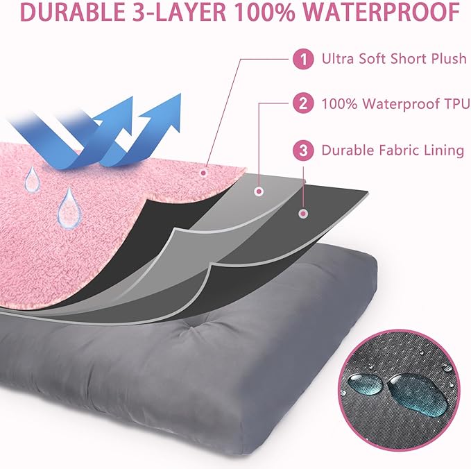 Dog Crate Bed Waterproof Deluxe Plush Dog Beds with Removable Washable Cover Anti-Slip Bottom Pet Sleeping Mattress for Large, Medium, Jumbo, Small Dogs, 41 x 27 inch, Pink