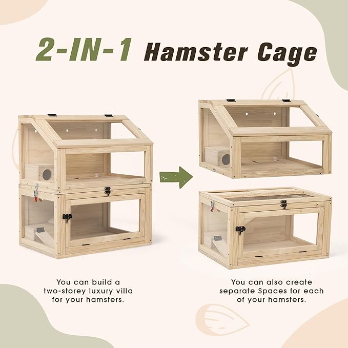 COZIWOW 2-Tier Wood Hamster Cage, Guinea Pig House with Hideouts, Ramps, Acrylic Window, Door Access, Detachable Squirrel Cage for Hedgehogs Gerbils Mice Small Animals, Natural