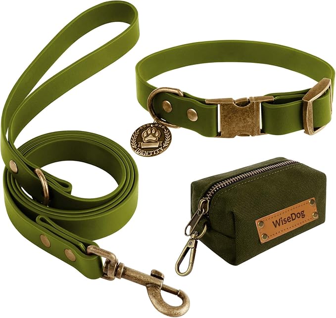 Wisedog Waterproof Dog Collar and Leash Set, Adjustable Puppy Collar with Cute Tag 6FT Dog Leash with Poop Bag for Small Medium Large Dogs (XL, Green)