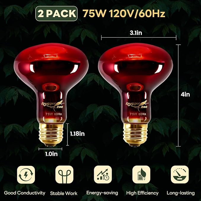 Reptile Heat Lamp Bulbs, 2 Pack 75W Infrared Heat Lamp Red Light Bulb Basking Bulb Terrarium Night Light for Bearded Dragon Chameleon Turtle Snake Gecko Lizard Chicken Tank Accessories, Red