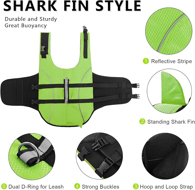 Queenmore Ripstop Dog Life Jacket Shark Life Vest for Dogs, Safety Lifesaver with High Buoyancy and Lift Handle for Small and Medium Breeds（Green M）
