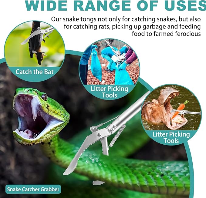 50" Collapsible Stainless Steel Snake Grabber Tool: Multi-Functional Hook, Tongs, Pole, Reacher for Safe Snake Handling and Rattlesnake Catching