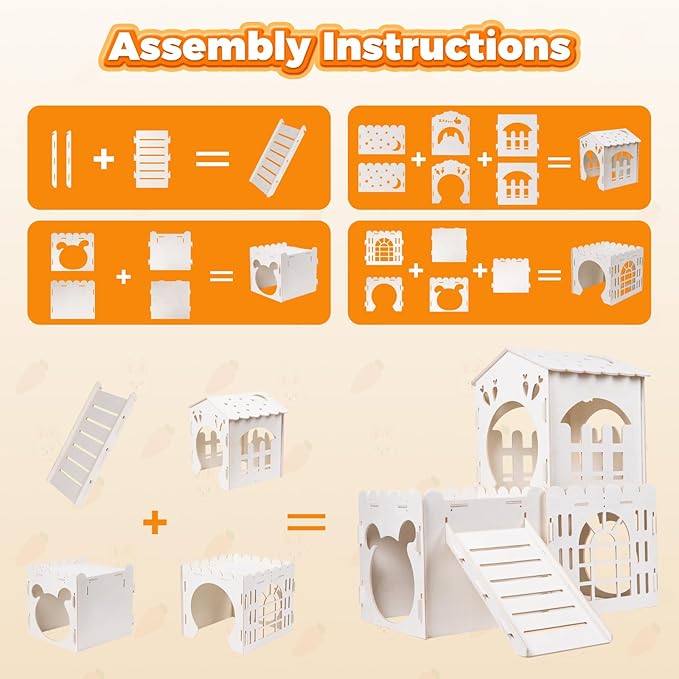 Large Rabbit House, Wooden Bunny Castle with 3 Houses Indoor, Rabbit Guinea Pig Cage Multistory Climbing Tower Sturdy Wooden Castle, Small Animal Hideaway Tunnel