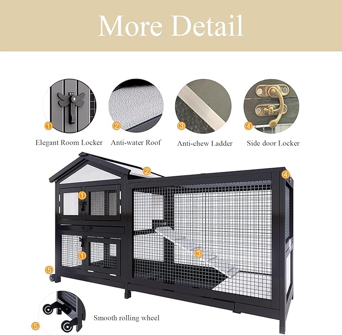 57.9” Indoor/Outdoor Rabbit Hutch with Run, 2-Story Wooden Bunny House with Leak-Proof Trays & Chew-Proof Ramp, Wheels for Easy Movement